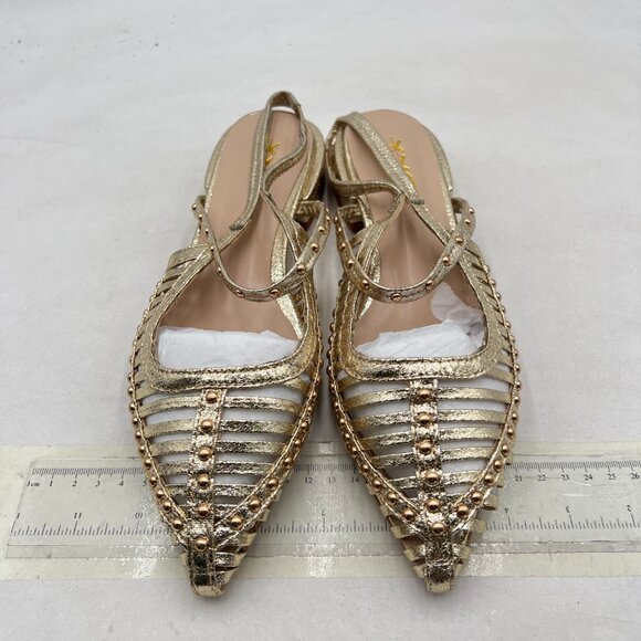 XYD Gold Caged Pointed Toe Studded Strappy Slingback Sandals Cut-out Dress Shoes - Picture 3 of 8